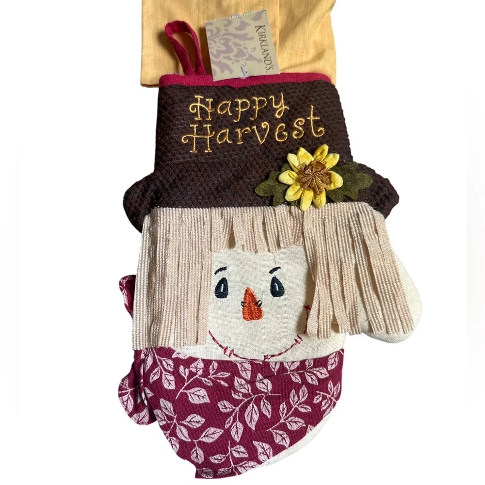 Oven Mitt & Kitchen Towel 2 piece set Decor Harvest Scarecrow Linen Cotton Blend